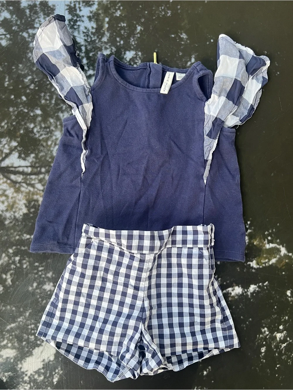 Janie and Jack Girls Size 5 2pc Outfit Set Navy Gingham Top & Shorts Ruffle